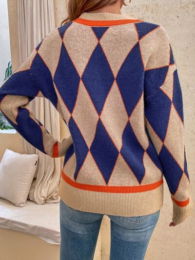 Hazel Blues® |  Geometric Round Neck Dropped Shoulder Sweater