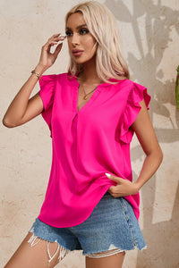 Hazel Blues® |  Ruffled Notched Cap Sleeve Blouse