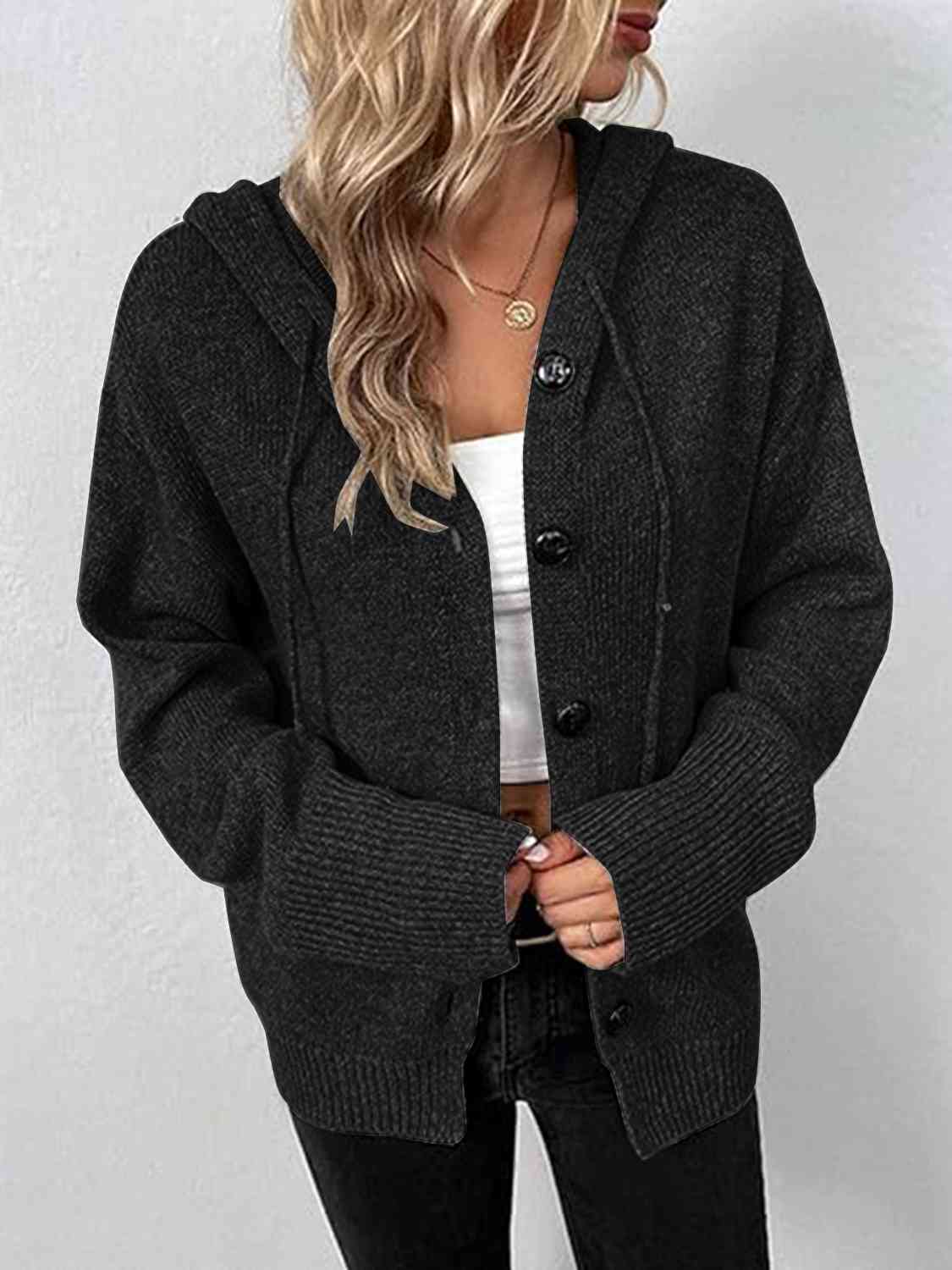 Hazel Blues® |  Button Up Drawstring Long Sleeve Hooded Cardigan