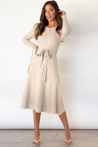 Hazel Blues® |  Round Neck Long Sleeve Tie Waist Sweater Dress