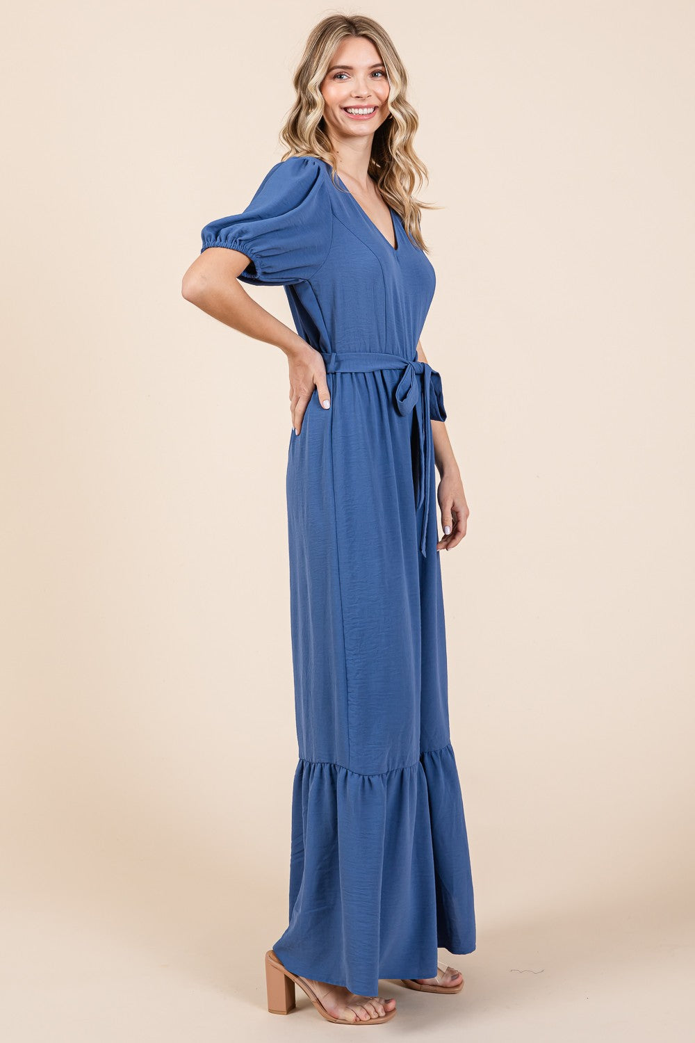 Hazel Blues® |  GeeGee V-Neck Belted Wide Leg Jumpsuit