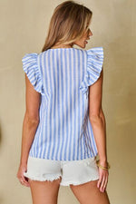 Hazel Blues® |  Embroidered Tassel Striped Tie Neck Blouse