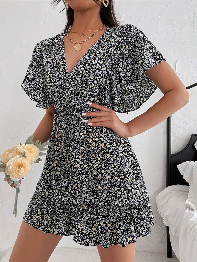 Hazel Blues® |  Cutout Ditsy Floral Surplice Flounce Sleeve Dress