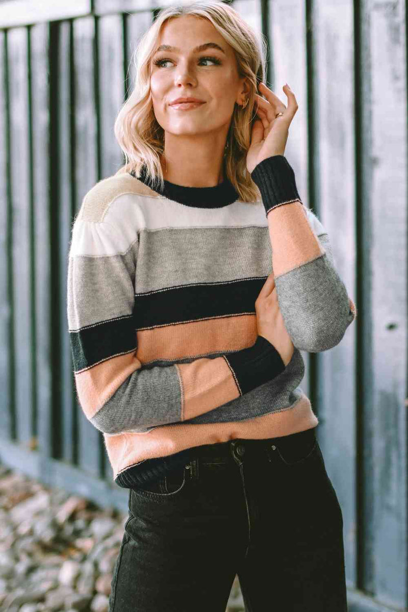 Hazel Blues® |  Striped Round Neck Long Sleeve Sweater