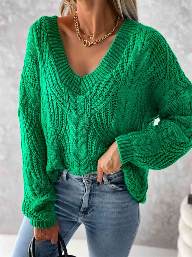 Hazel Blues® |  V-Neck Cable-Knit Long Sleeve Sweater