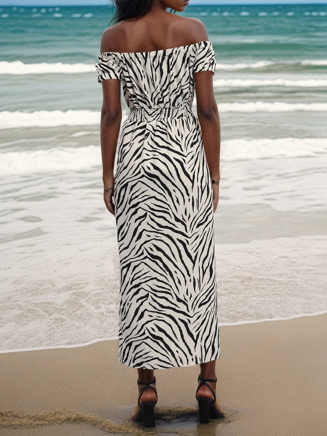 Hazel Blues® |  Slit Animal Print Off-Shoulder Midi Dress