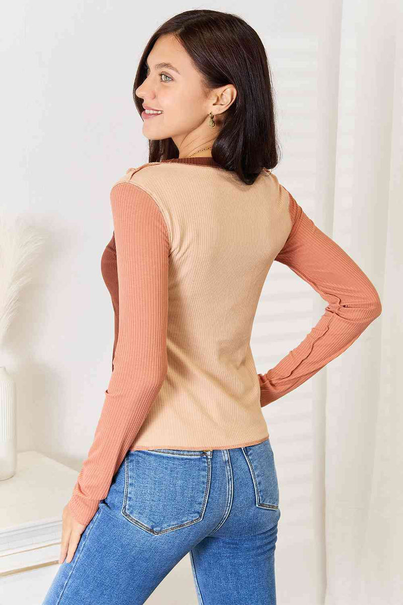 Hazel Blues® |  Double Take Color Block Exposed Seam Long Sleeve Top