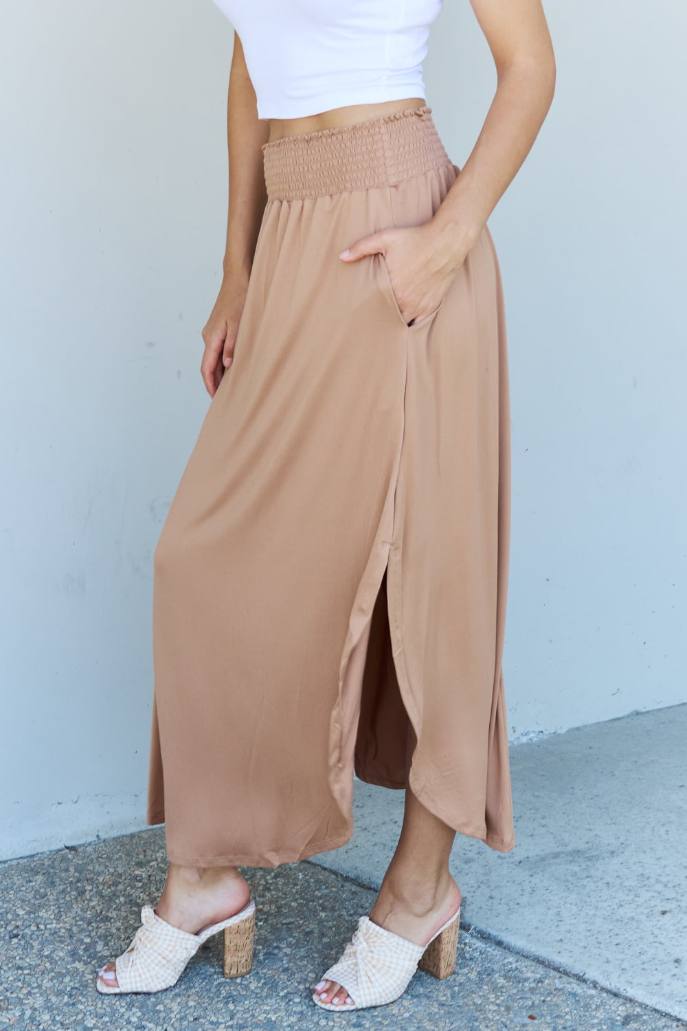 Hazel Blues® |  Doublju Comfort Princess High Waist Scoop Hem Maxi Skirt in Tan