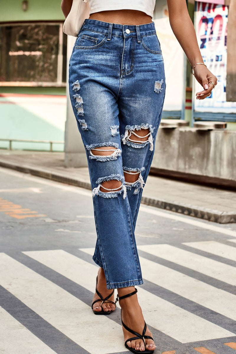 Hazel Blues® |  Distressed Buttoned Jeans with Pockets