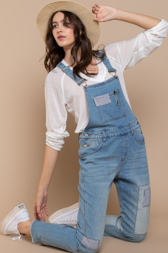 Hazel Blues® |  POL Front Chest Zipper Slim Leg Denim Overalls