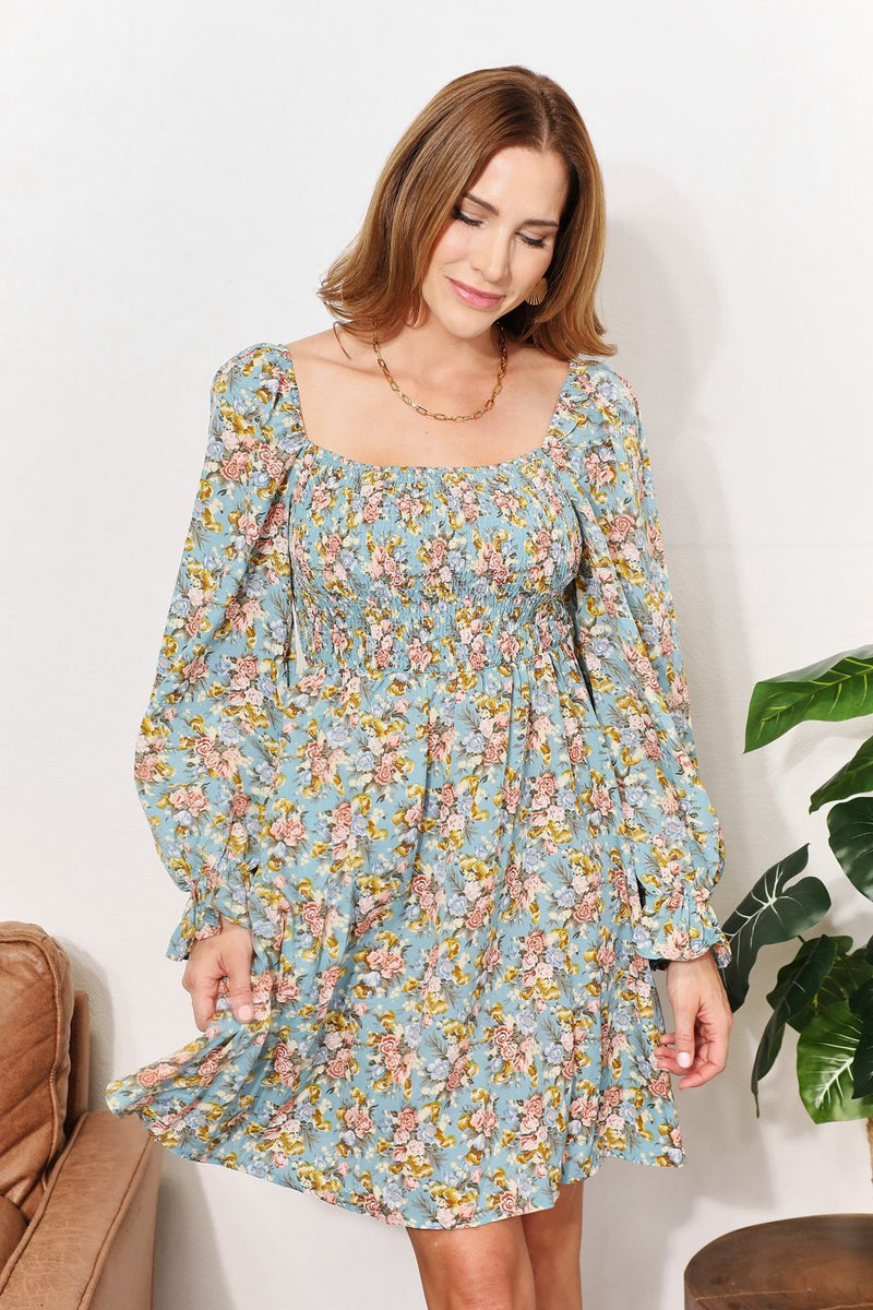 Hazel Blues® |  Double Take Floral Smocked Flounce Sleeve Square Neck Dress