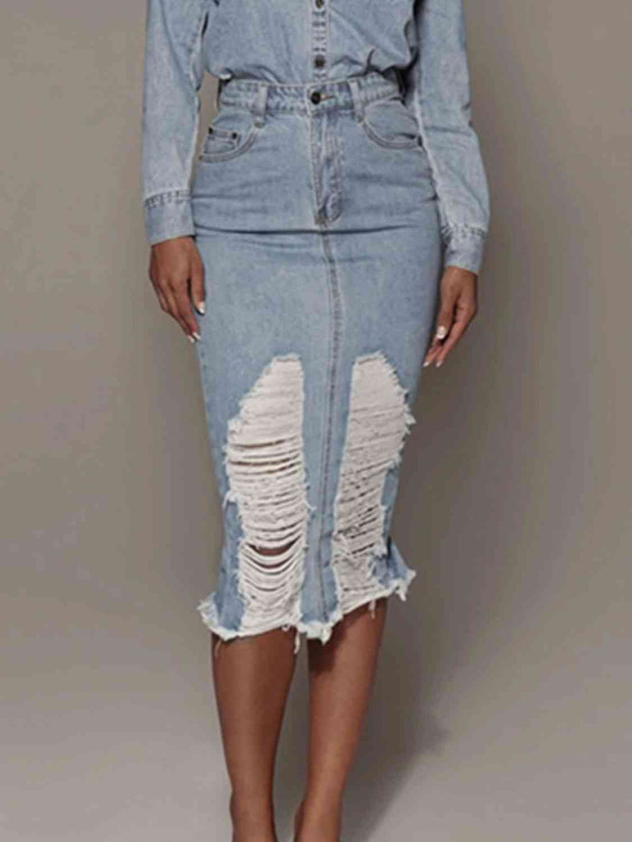 Hazel Blues® |  Distressed Slit Denim Skirt