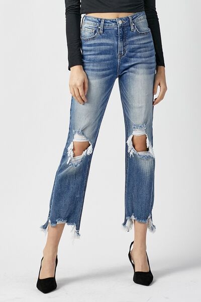 Hazel Blues® |  RISEN High Waist Distressed Frayed Hem Cropped Straight Jeans