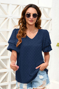 Hazel Blues® |  Swiss Dot V-Neck Short Sleeve Blouse