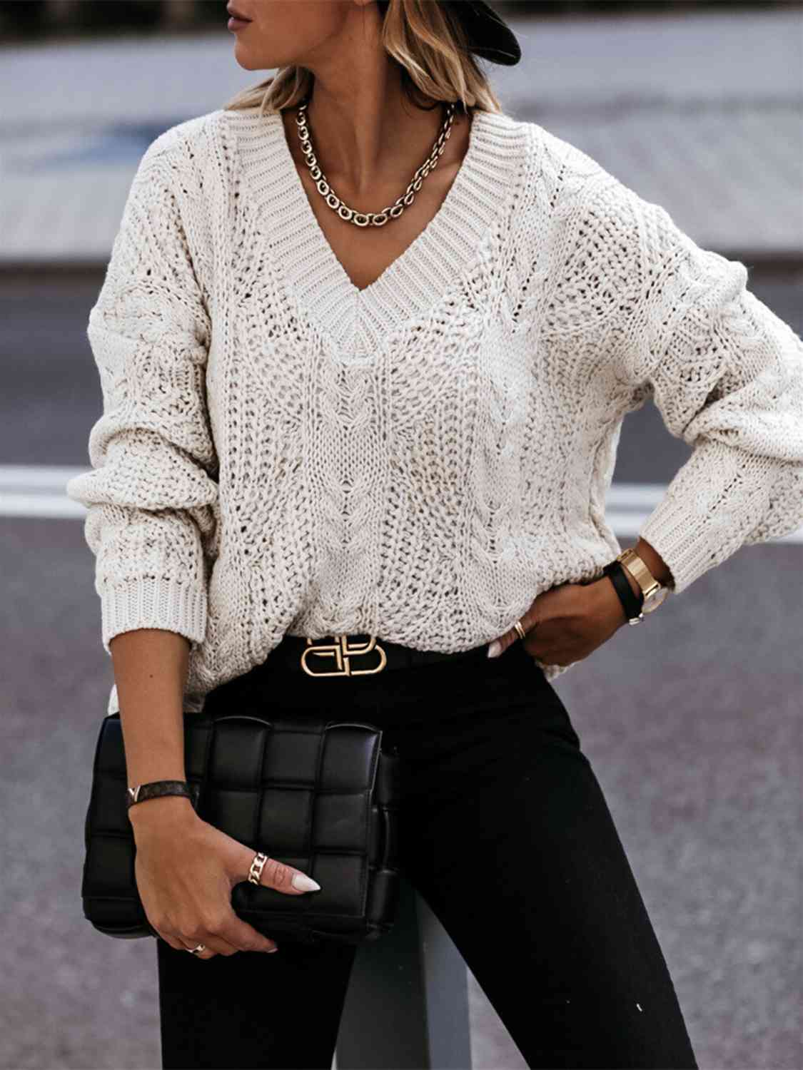 Hazel Blues® |  V-Neck Cable-Knit Long Sleeve Sweater