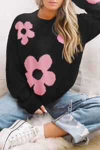 Hazel Blues® |  Round Neck Floral Pattern Color Contrast  Design Long Sleeve Sweater