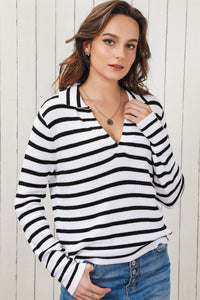 Hazel Blues® |  Double Take Striped Johnny Collar Long Sleeve Knit Top