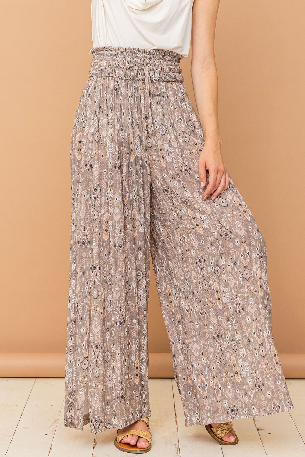 Hazel Blues® |  And The Why Printed Smocked Waist Slit Wide Leg Pants