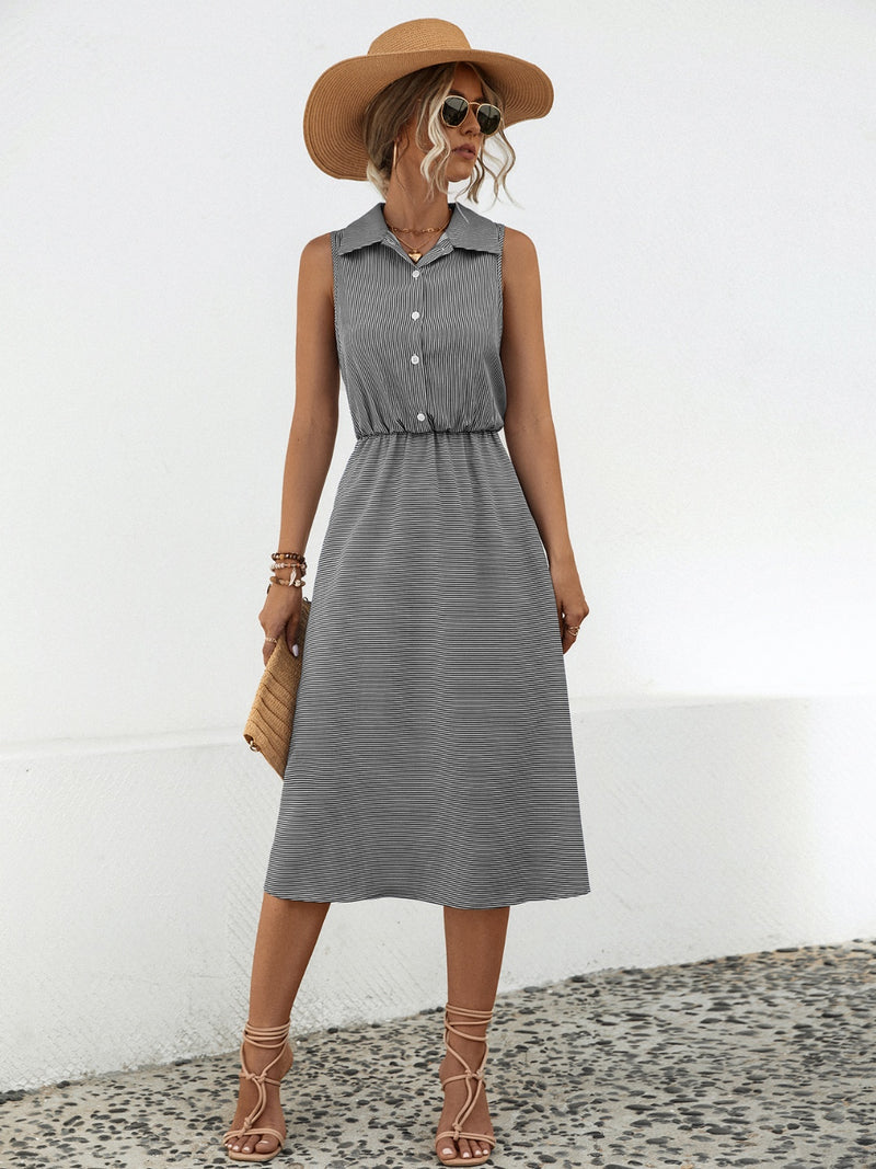 Hazel Blues® |  Striped Collared Neck Sleeveless Midi Dress