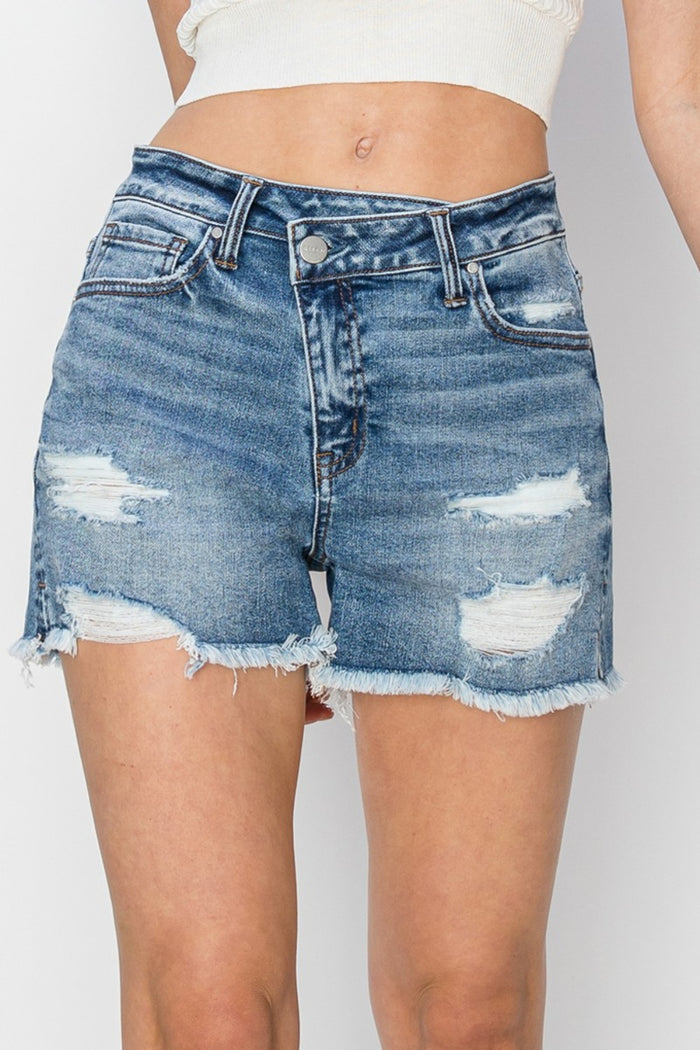 Hazel Blues® |  RISEN Stepped Waist Frayed Denim Shorts