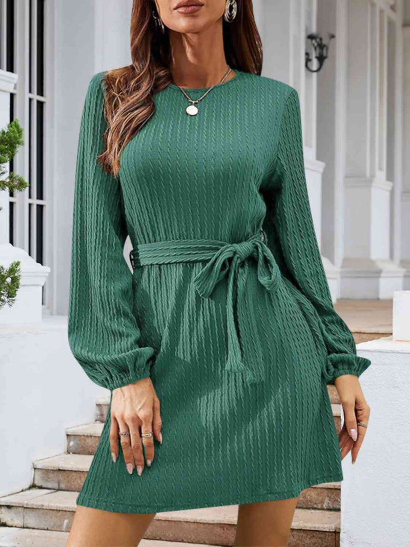 Hazel Blues® |  Round Neck Tie Front Long Sleeve Dress