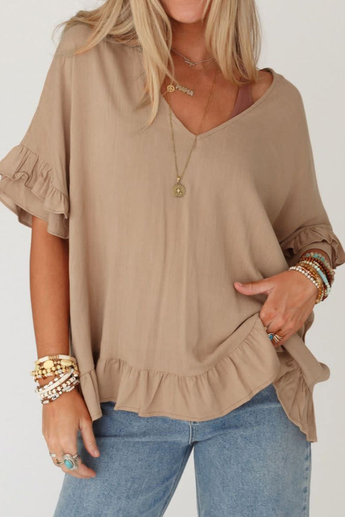 Hazel Blues® |  Ruffled V-Neck Half Sleeve Blouse