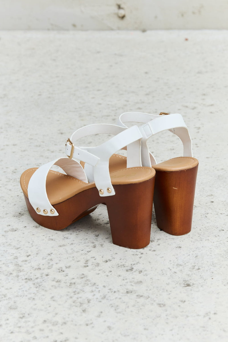 Hazel Blues® |  DDK Time After Time Wooden Platform Strap Heels