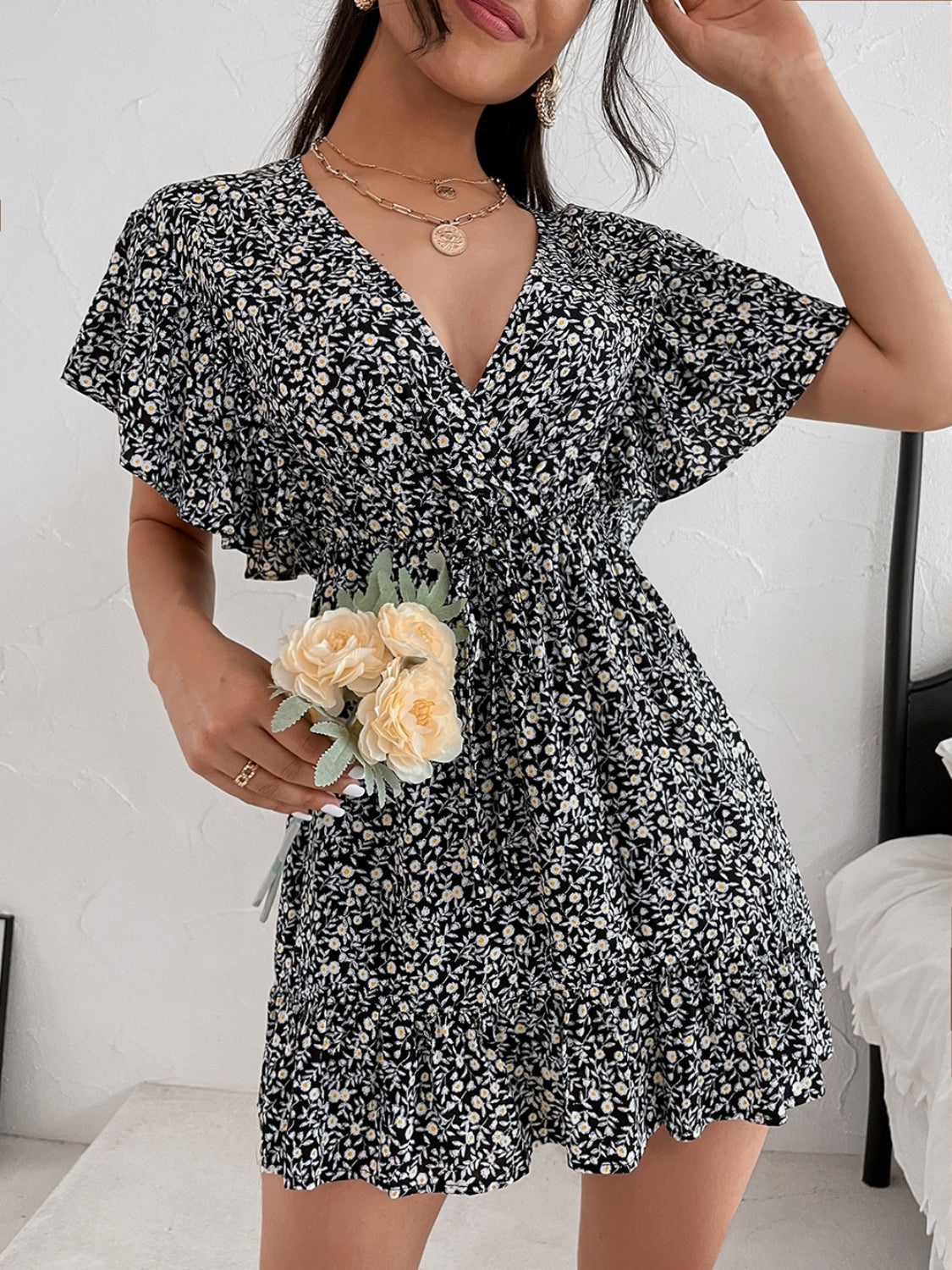 Hazel Blues® |  Cutout Ditsy Floral Surplice Flounce Sleeve Dress