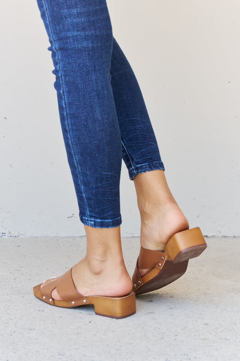 Hazel Blues® |  Weeboo Step Into Summer Criss Cross Wooden Clog Mule in Brown