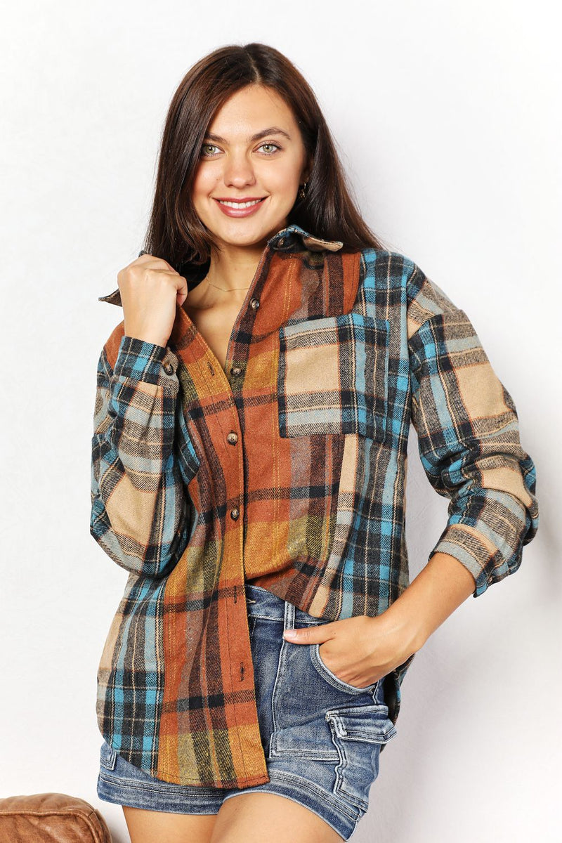 Hazel Blues® |  Double Take Plaid Curved Hem Shirt Jacket with Breast Pockets