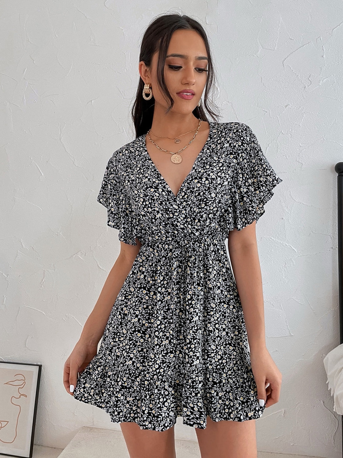 Hazel Blues® |  Cutout Ditsy Floral Surplice Flounce Sleeve Dress