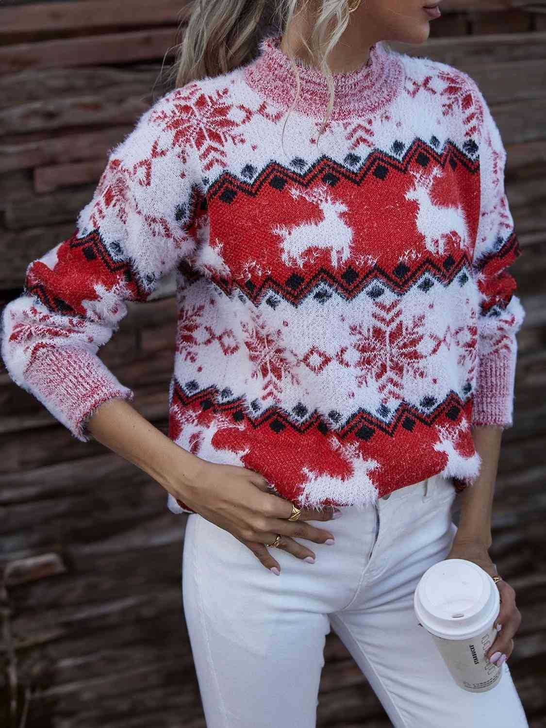 Hazel Blues® |  Reindeer & Snowflake Round Neck Sweater