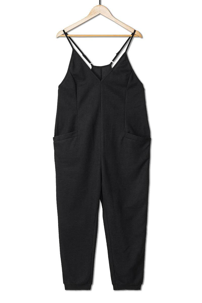 Hazel Blues® |  Textured Black Sleeveless V-Neck Pocketed Jumpsuit