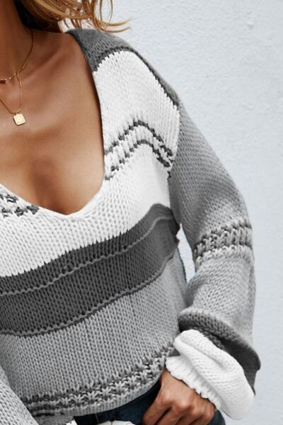 Hazel Blues® |  Color Block V-Neck Dropped Shoulder Sweater