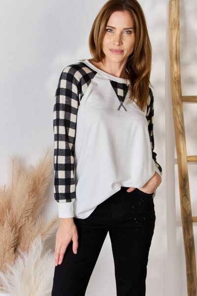 Hazel Blues® |  Hailey & Co Plaid Raglan Sleeve Round Neck Blouse