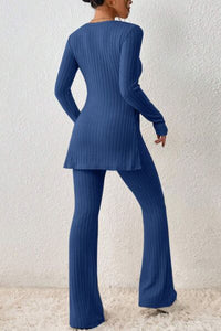 Hazel Blues® |  Ribbed Long Sleeve Slit Top and Bootcut Pants Set