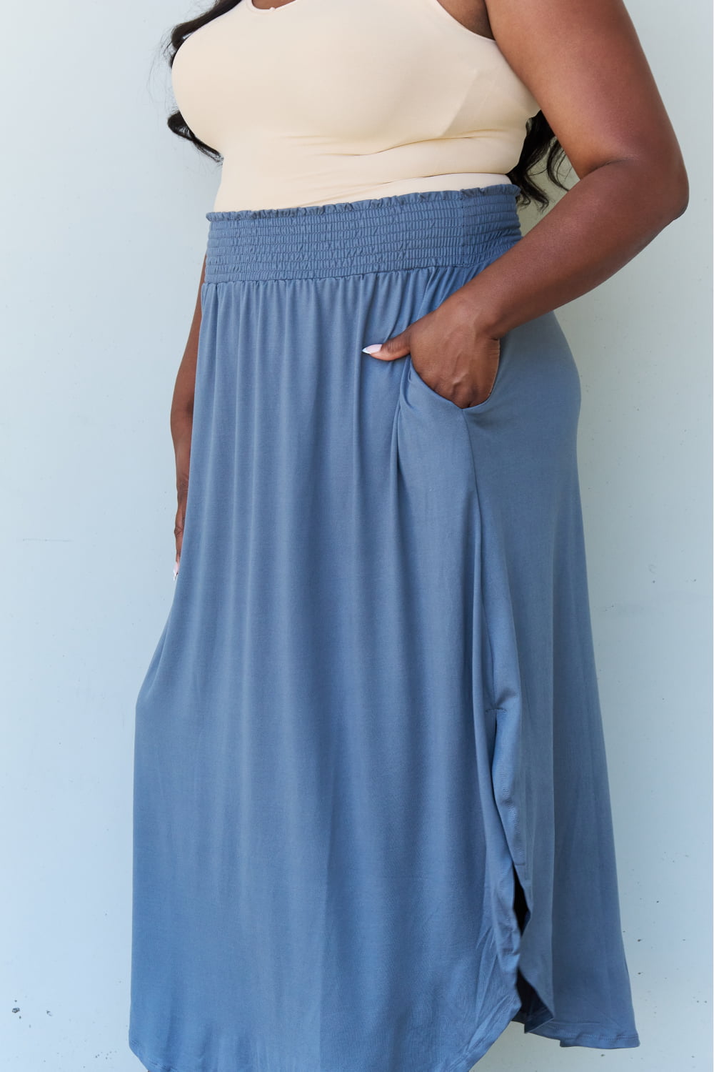 Hazel Blues® |  Doublju Comfort Princess High Waist Scoop Hem Maxi Skirt in Dusty Blue