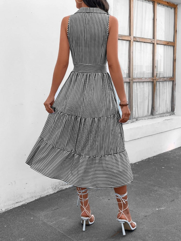 Hazel Blues® |  Striped Johnny Collar Sleeveless Midi Dress