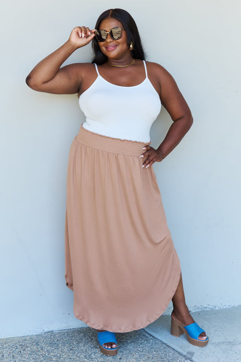 Hazel Blues® |  Doublju Comfort Princess High Waist Scoop Hem Maxi Skirt in Tan