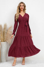 Hazel Blues® |  Swiss Dot Tied Surplice Flounce Sleeve Dress