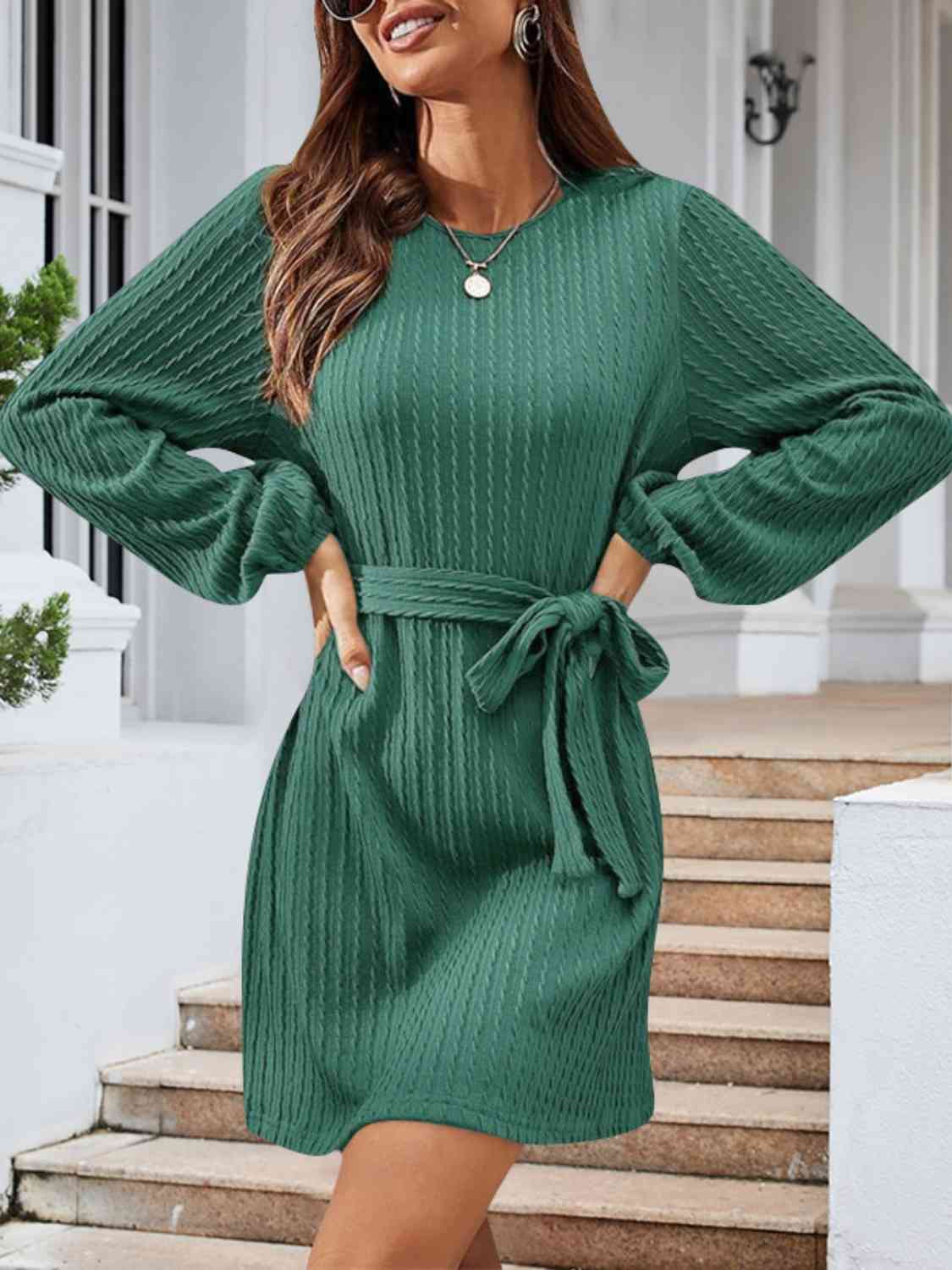 Hazel Blues® |  Round Neck Tie Front Long Sleeve Dress